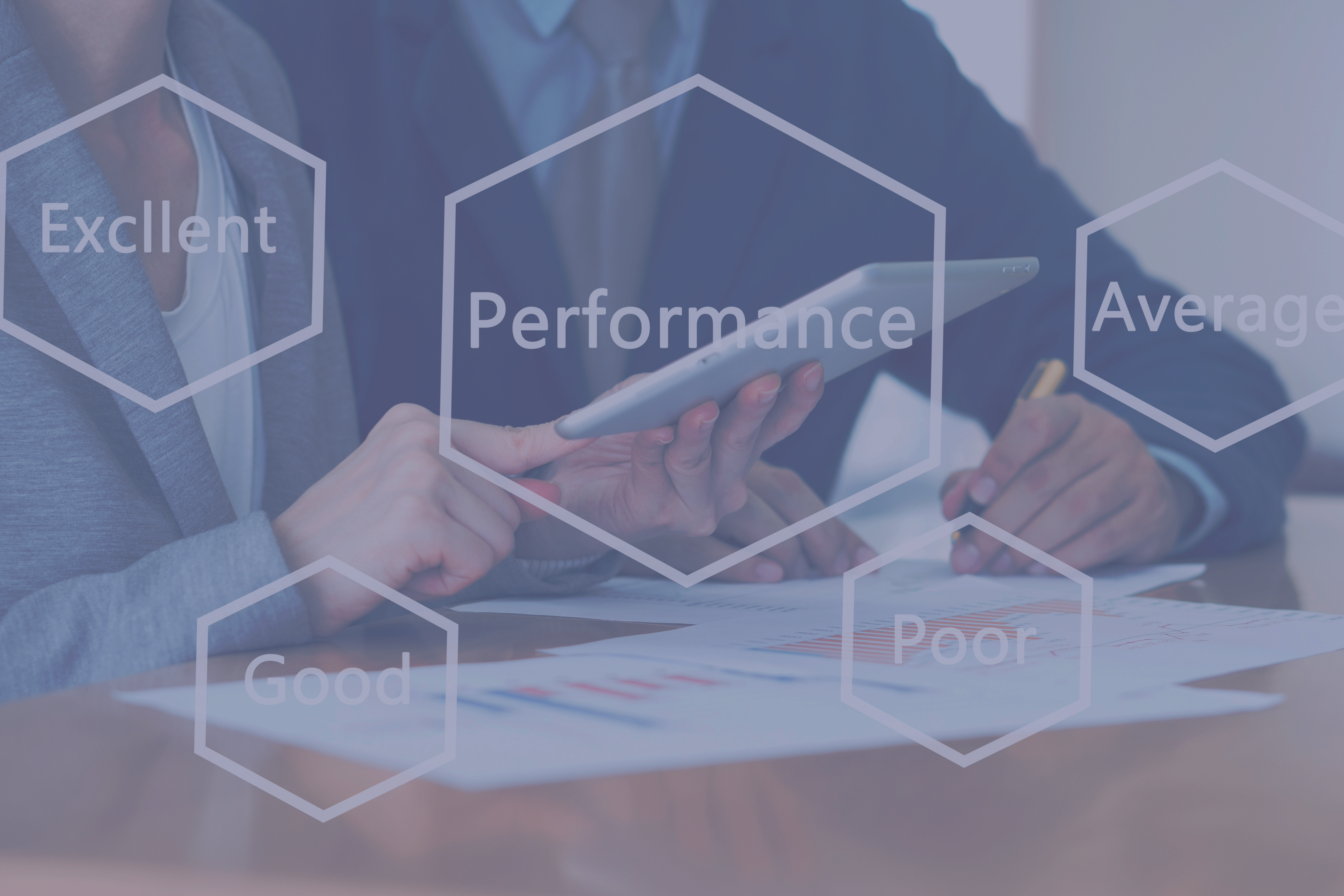 Business professionals conducting a performance evaluation with a tablet, overlayed with metrics of 'Excellent, Good, Average, Poor,' representing Measured Ability's best practices and innovative approaches for year-end reviews.