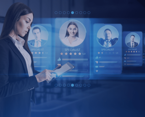 Human resource professional evaluating potential candidates on a digital interface, showcasing high ratings and qualifications for efficient screening, as discussed in Measured Ability's blog on optimizing hiring processes.