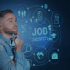 A contemplative man surrounded by job search icons, symbolizing the strategic considerations jobseekers must understand in employer-centric recruitment.