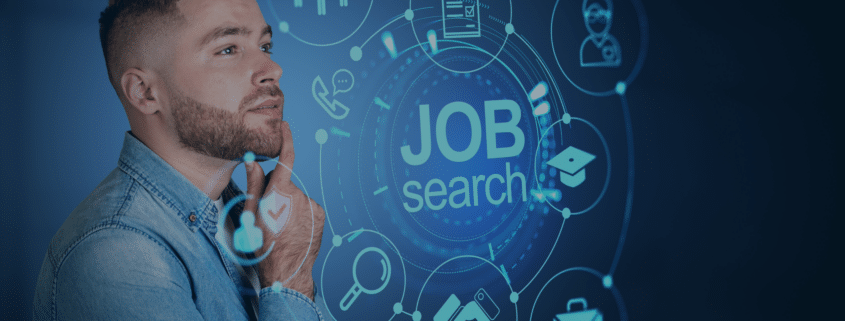 A contemplative man surrounded by job search icons, symbolizing the strategic considerations jobseekers must understand in employer-centric recruitment.