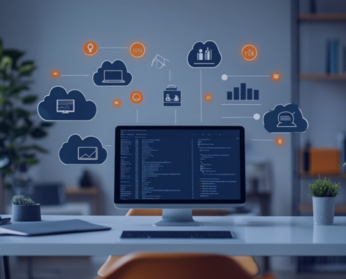 Computer screen with data analysis and cloud-based AI monitoring icons, representing AI-driven employee tracking in South Africa’s digital workplace.