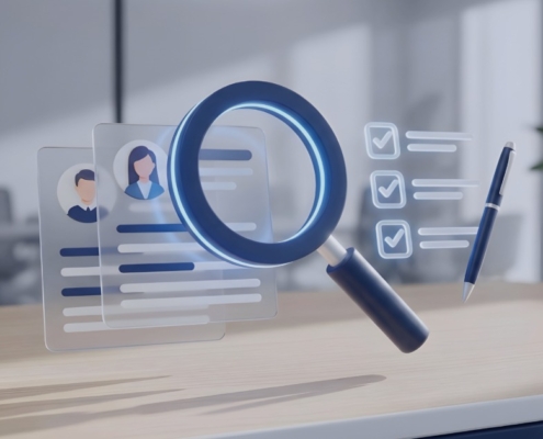 Recruitment agency using advanced candidate search tools, reviewing digital profiles and skills checklists to find qualified candidates in 2026.