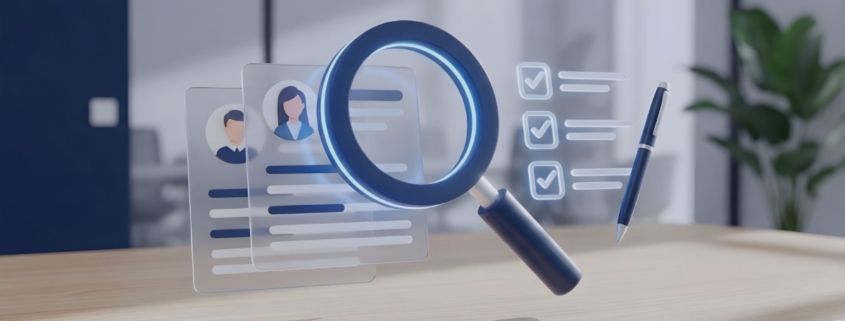 Recruitment agency using advanced candidate search tools, reviewing digital profiles and skills checklists to find qualified candidates in 2026.