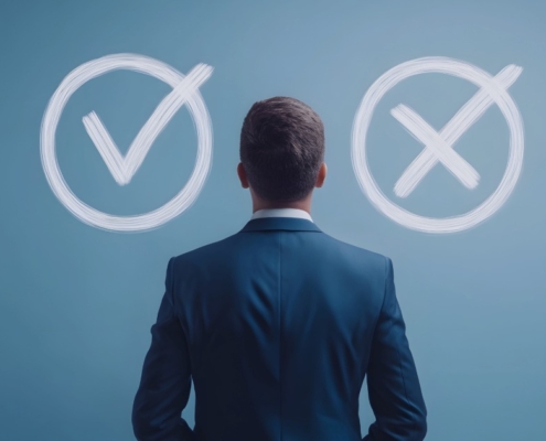 Business professional weighing hiring choices with check and cross symbols, representing how Recruitment agencies south Africa help employers choose between temporary and permanent hiring.