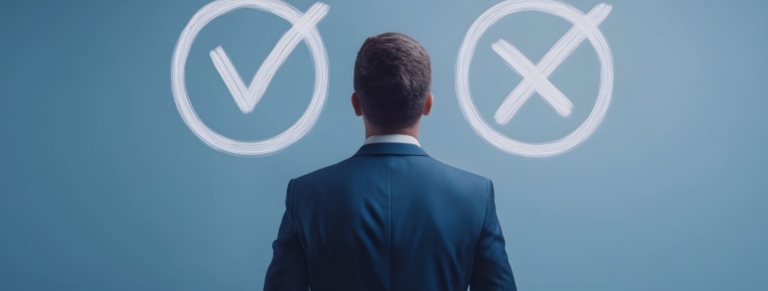 Business professional weighing hiring choices with check and cross symbols, representing how Recruitment agencies south Africa help employers choose between temporary and permanent hiring.